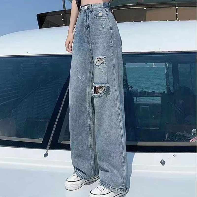 Gidyq Streetwear Ripped Jeans Women Fashion Loose Wide Leg Pants Summer Casual All Match Female Korean Straight Denim Trousers