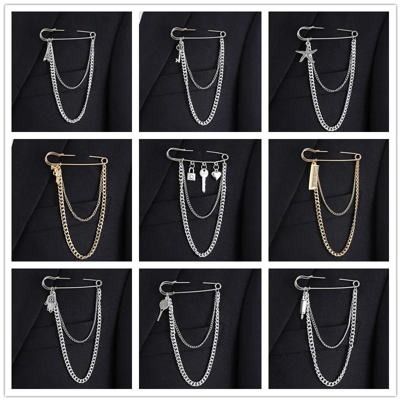 Hip hop big pin Chest accessories Men's fashion chain chest brooch Internet celebrity exaggerated clothing accessories