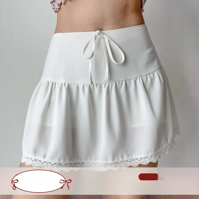 Go Girl Go Lace Trim A-Line  Skirt White Women's Half-length Summer Anti-glare High Waist Polyester Static-proof