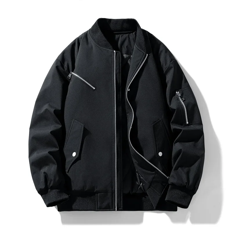 

Men Bomber Jacket Autumn Winter High Street Stand Collar Zipper Male Outerwear Thicken Solid Color Long Sleeve Oversize Man Coat