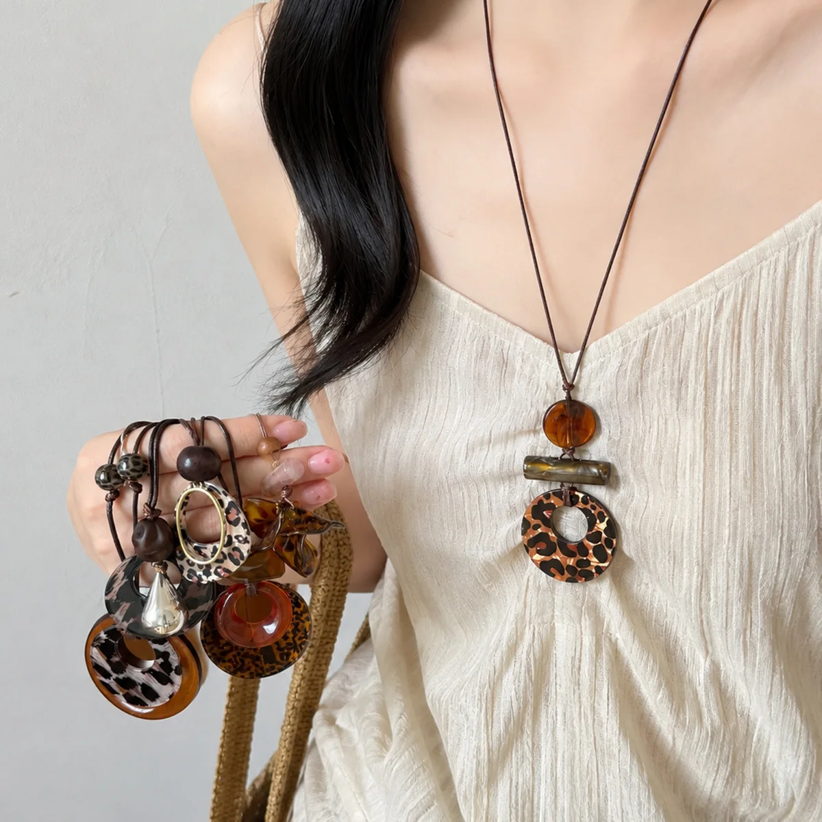 Necklace Vintage Leopard Print Acetate Wood Bead Braided Rope Long Sweater Chain Ethnic Brown Women Lightweight Daily