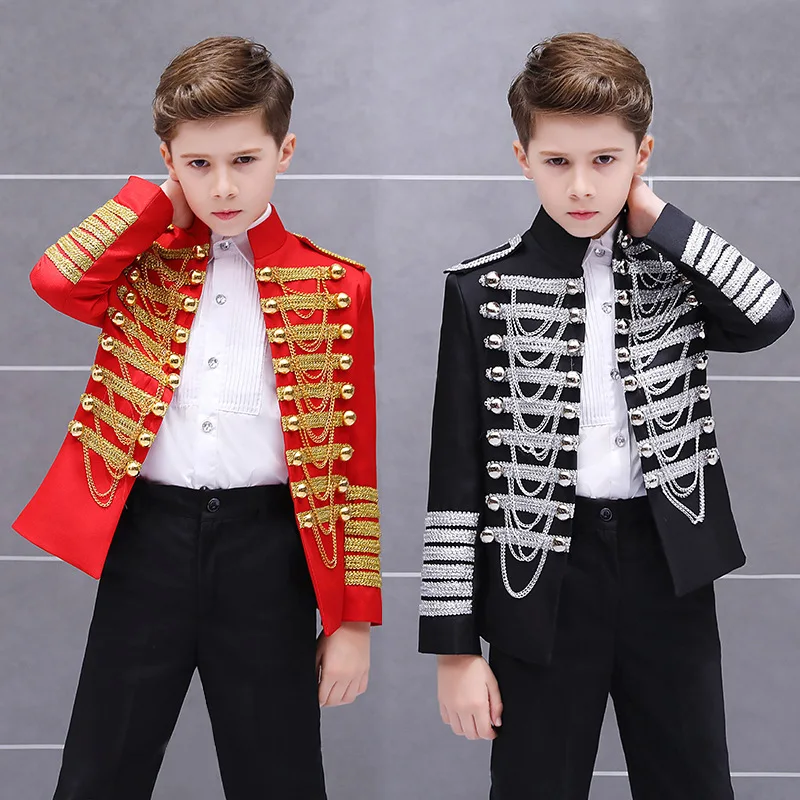 Kids Christmas Party Costume Military Tassel Chains Jacket Steampunk Prince Coat Pop Stage Dacing Cosplay Costume Officer New