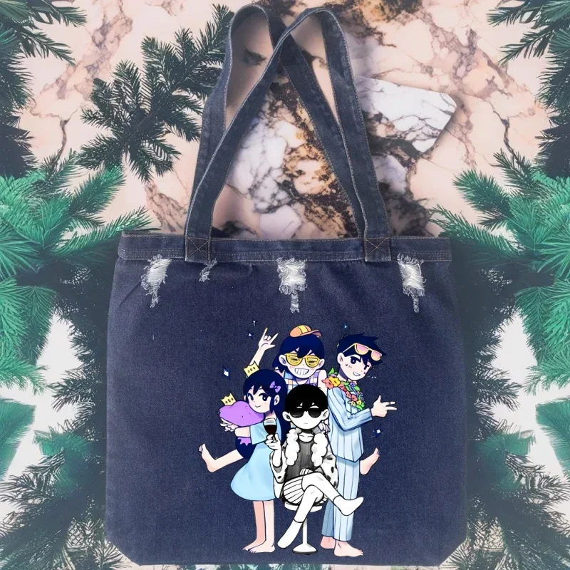 

Surreal Psychological Game Omori Cat Shopping Bags Open Pocket Women's Handbags Denim Jean Casual Fashion Handbags Bags
