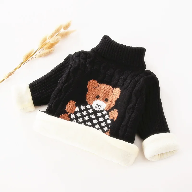 Plus Velvet Thick Warm Stitch Winter Girls Sweater Stretch Cotton Bear Knitted Bottoming Turtleneck Children Birthday Present