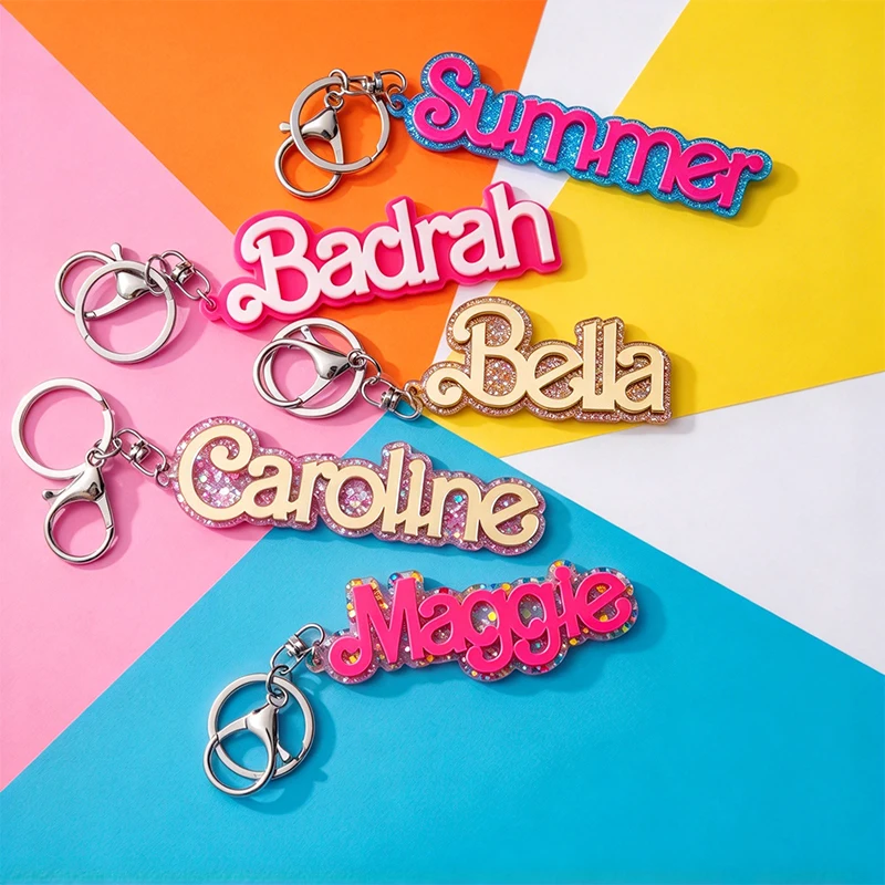 Cute Pink Color Acrylic Custom Name Tag Keychain Personalized Lettter Nameplate Double Layers Pendant Keyring Backpack Bag Charm