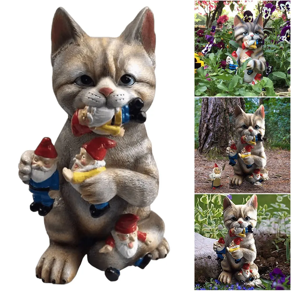 Cat Eating Gnomes Statues Cat Eating Gnomes Figurines Resin Decorative Garden Ornament for Outdoor Landscape Decor