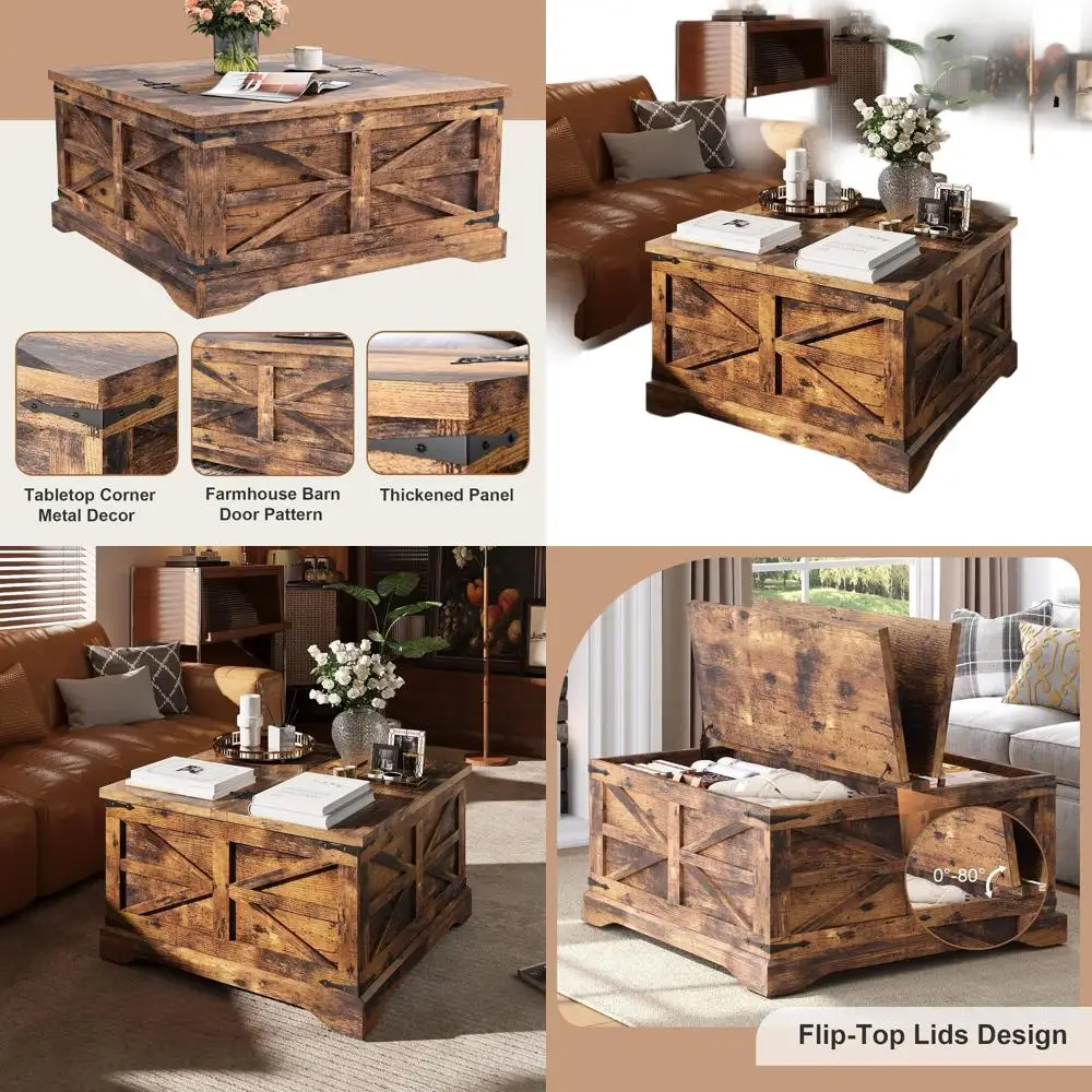 

Rustic Lift-Top Storage Coffee Table, Square for Living Room, Brown Wooden Centerpiece with Hinged Top