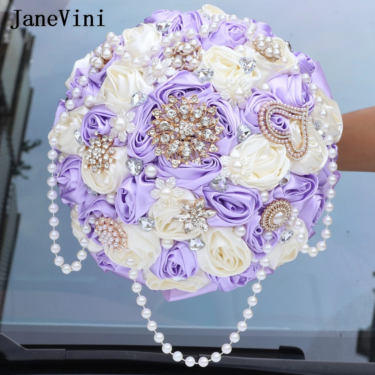 

JaneVini Luxurious Light Purple Rhinestone Crystal Flower Wedding Bouquets Pearls Jewelry Bride Bridesmaid Marrige Hand Flower