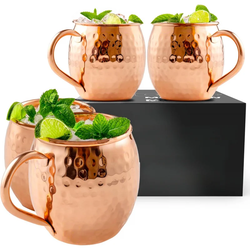 

Authentic Moscow Mule Experience: Set of 4 Hand-Hammered 16 oz Pure Copper Mugs, Perfect Premium Gift