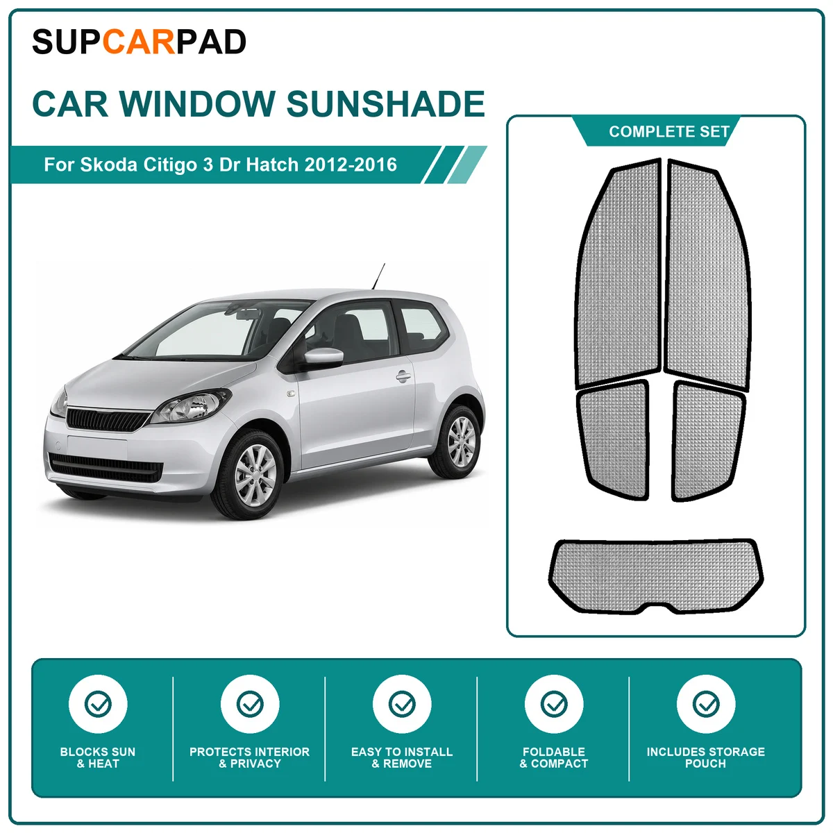 For Skoda Citigo 3 Dr Hatch 2012-2016 Full Set Car Window Sunshades UV Block Privacy Heat Insulated Foldable Car Curtain