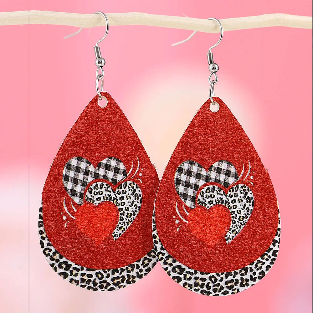 Cheetah Leopard Buffalo Plaid Heart Drop Earrings For Women New PU Leather Valentine Day 2023 New Jewelry Gift Wholesale