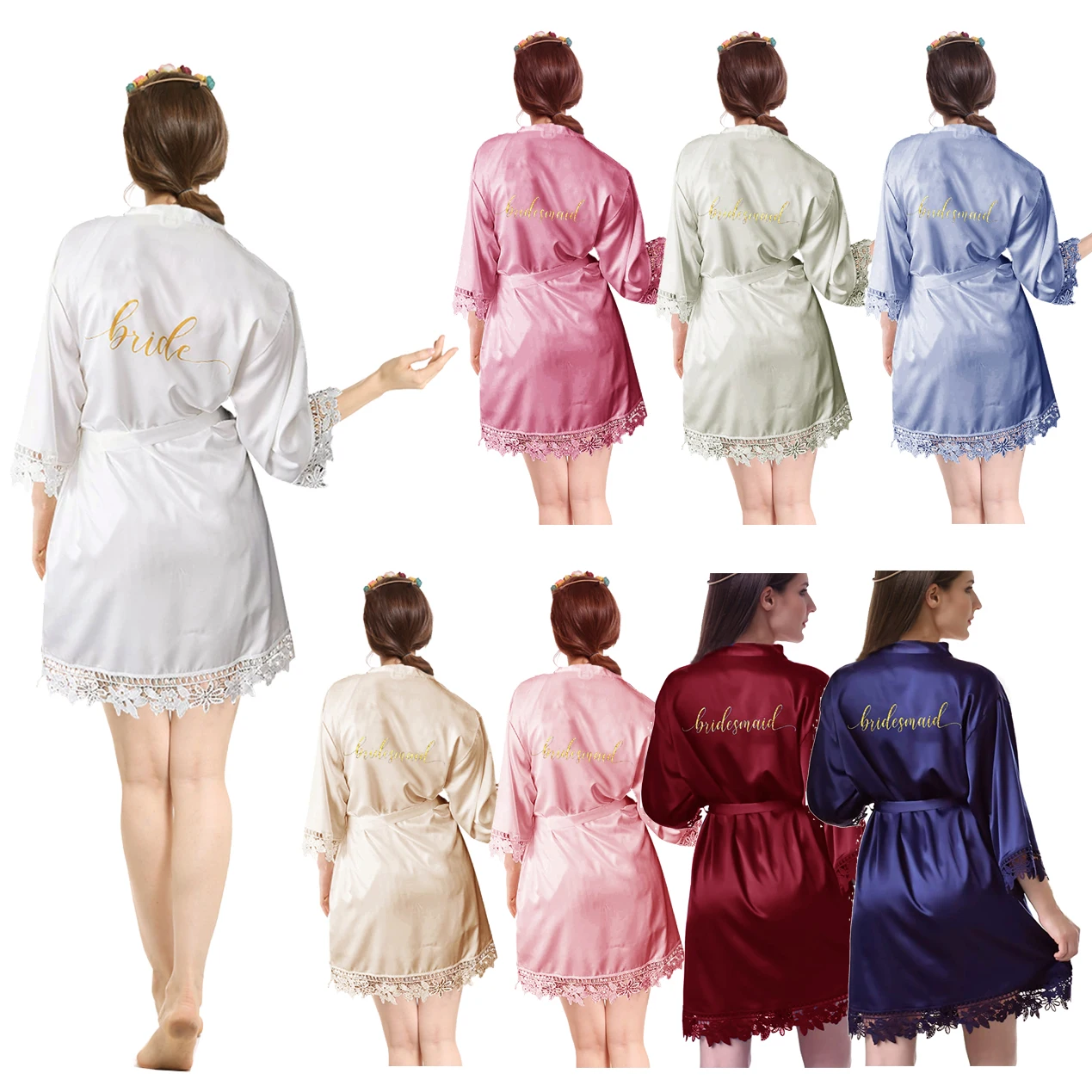 Bridesmaid Satin woman Lace Bride silk wedding bridal Lace Robe A9007YJ