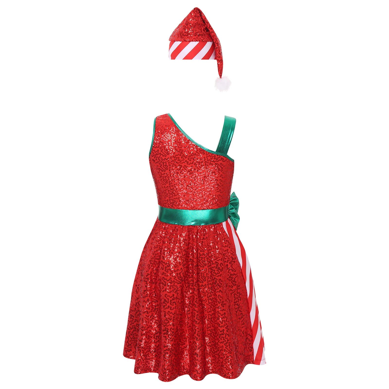 Costume da Babbo Natale da donna, costume da ballo con paillettes, bastoncino di zucchero, con set di cappelli, costume cosplay per feste di Natale, signora Santa Elf