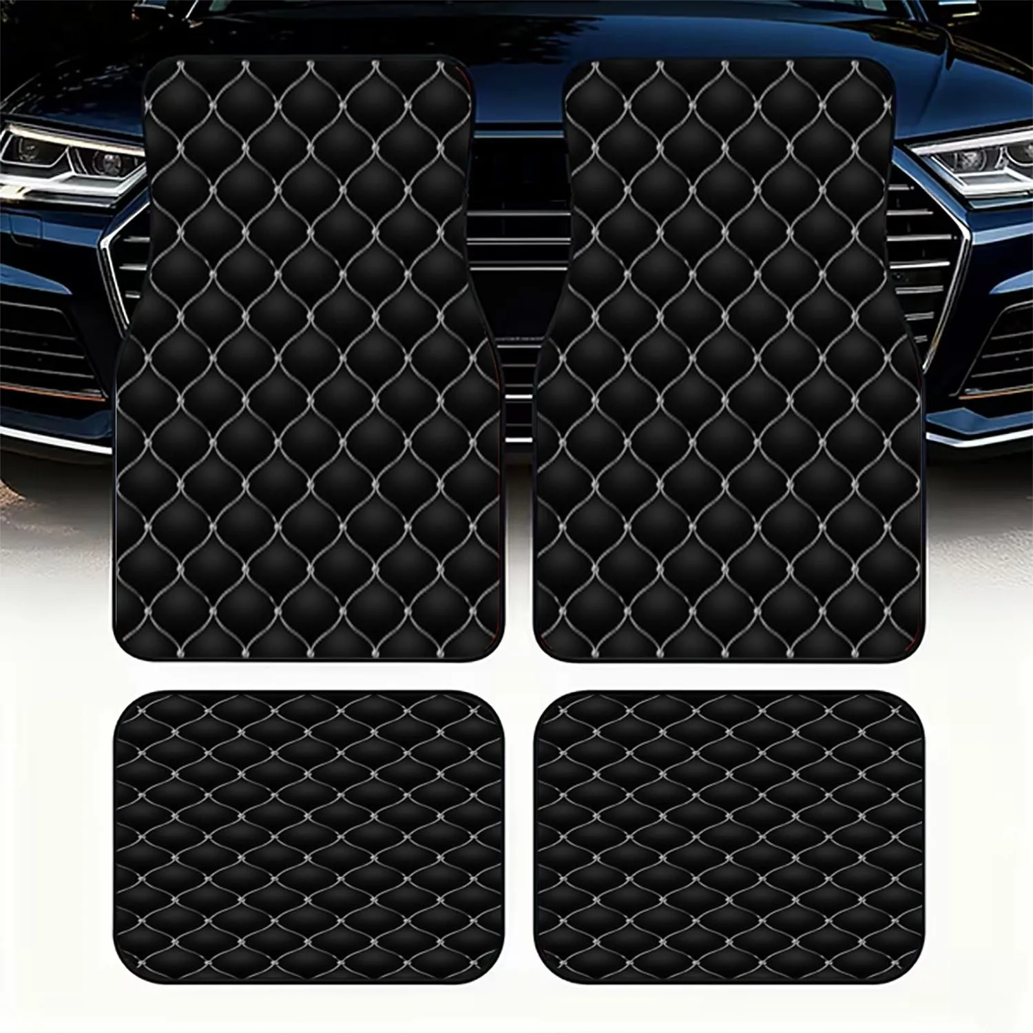 4pcs Car Floor Mats | Polyester Material, Stylish Rhombus Mesh Design With Circular Connectors, Suitable For Universal Car Inter