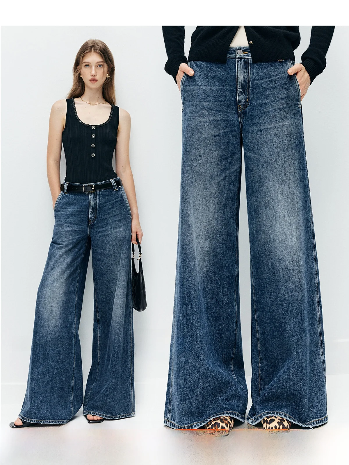 

Non-Fading Heavyweight Cotton Bell Bottom Jeans High Waist Wide Leg Denim Pants Gentle Washed Pigpighouse Ladies Jeans