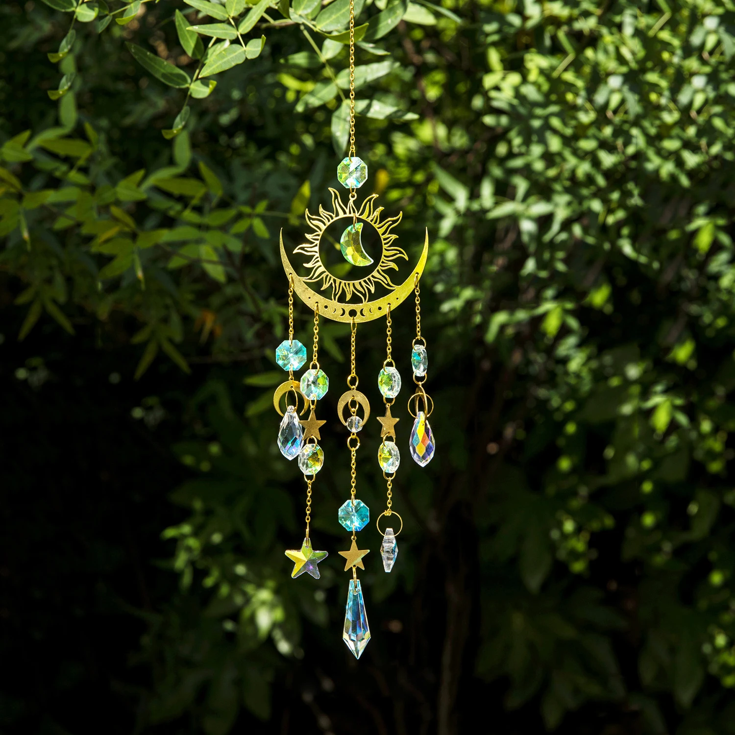 1 Pc Gold Star Moon Outdoor Lighting Crystal Wind Chime Hanging Garden Sun Catcher Holiday Wedding Party Decoration Supplies