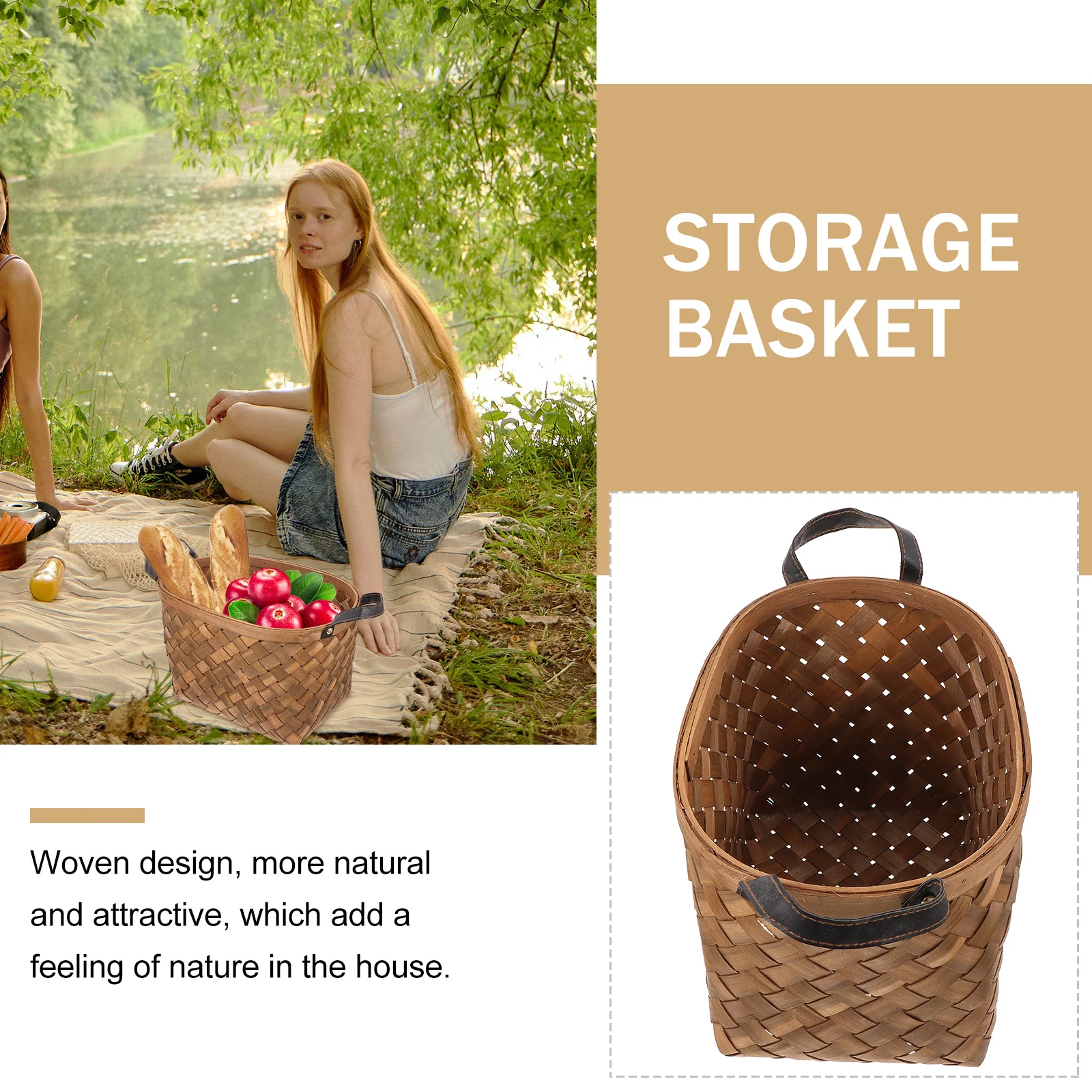 

1pc Large Capacity Handheld Woven Basket Brown Flower Arrangement Storage Sundries Basket For Home Office Picnic Outdoor Use