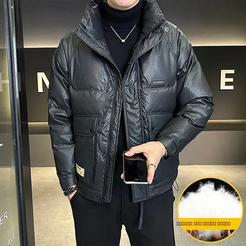 

Экологичная белая мужская зимняя куртка из пуха с воротником-стойкой, модная, повседневная, очень теплая, гарантия тепла