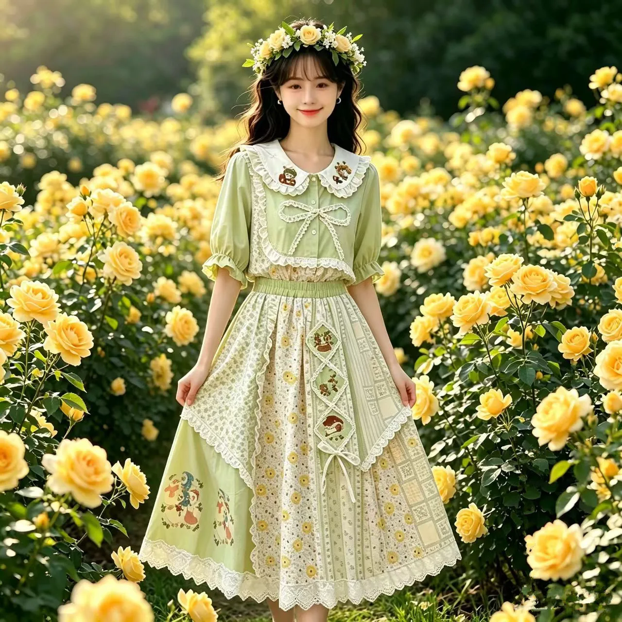Spring Summer Cute Girl Elastic Waist Age Reducing Lolita Skirts Sweet Girl Peter Pan Collar Short Sleeve Loose Floral Shirt