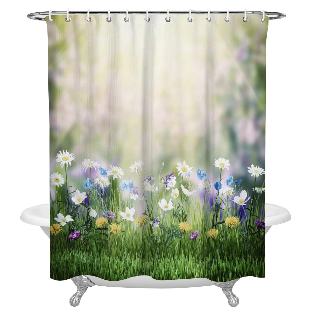 Green Meadow Wildflower Sunlight Waterproof Bathroom Decoration Shower Curtain With Hook Bathtub Curtains Bathroom Accessories