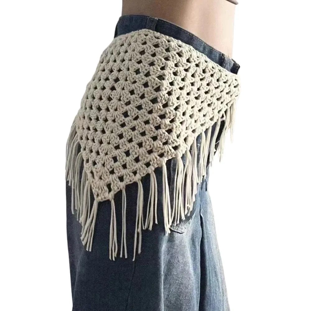 New Adjustable Hollow-Out Mini Skirt Fringe Trim Y2K Streetwear Triangle Scarf Hand-knitting Waist Hip Wrap Travel Accessory