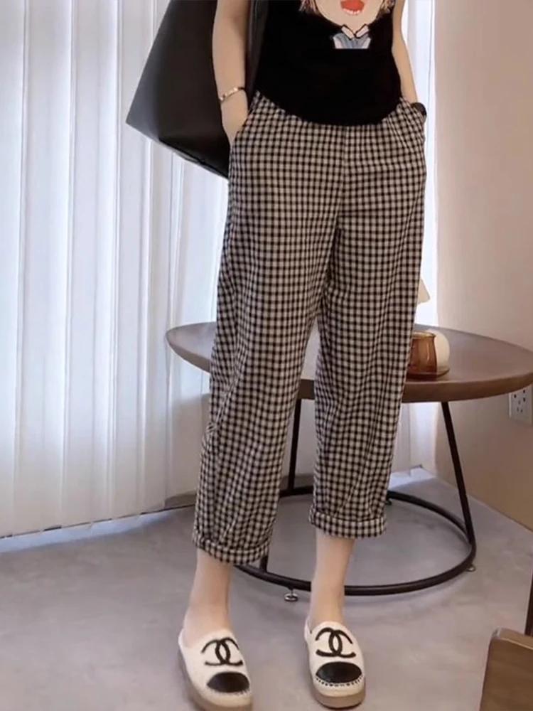 Summer 2026 plus Size Casual Pants Thin Checkered Loose Slimming Nine Points Lightweight Comfortable plus Size Sister Wear