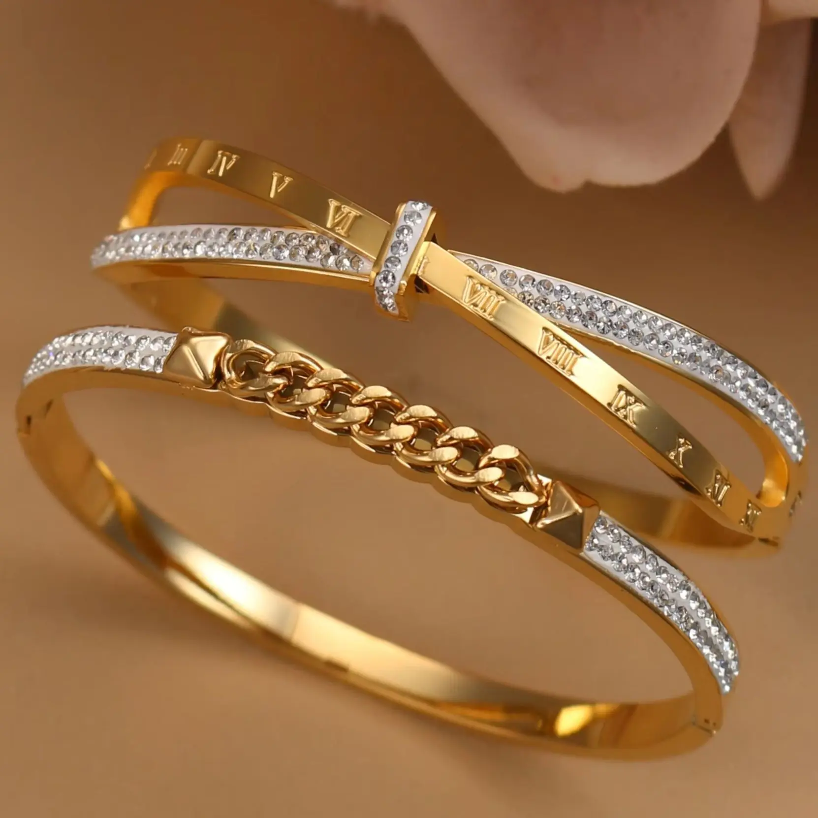 XB-072 Brazalete de Acero Inoxidable con Cristales y Números Romanos en Cruz para Mujeres que Aman los Regalos, Venta al Por Mayor
