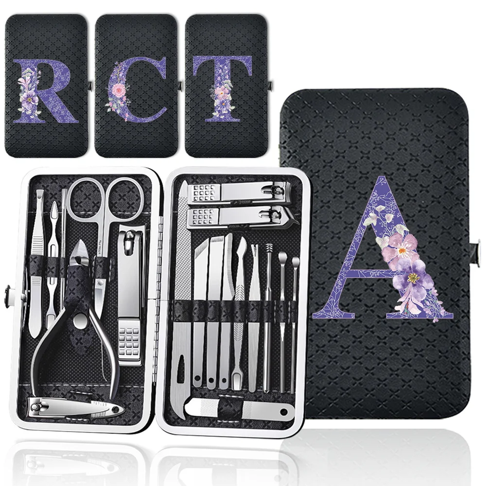 19 Pcs Nail Clippers Set Storage Box Versatile Nail Clippers Set Pedicure Kit Home Essentials Purple Flower Letter Pattern