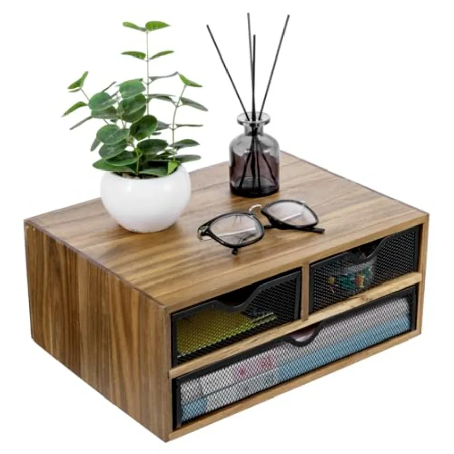 

Настольный органайзер из массива акации премиум-класса с 3 съемными черными металлическими сетчатыми лотками, в деревенском стиле, для хранения офисных принадлежностей