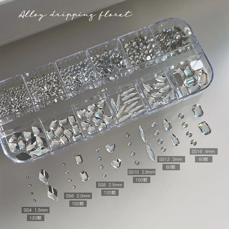 2026 Shiny Clear Crystal Gems Nail Rhinestones Mixed Glass Stone Pointed Bottom/Flatback Nail Charms 12grids Nail Diamond DIY