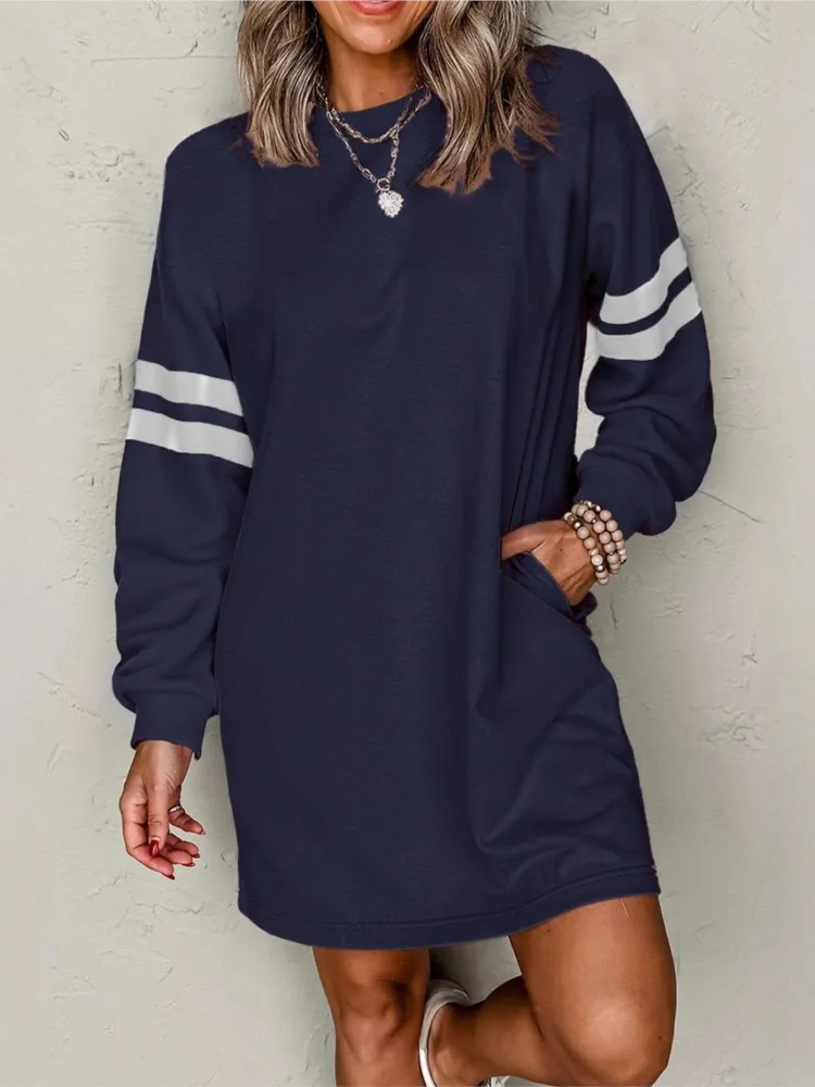 

Autumn Winter New Striped Drop Shoulder Sweatshirt Mini Dresses Women Casual Loose O Neck Long-sleeved Pocket Dress Female 2025
