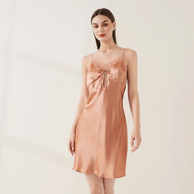 19 Momme Mulberry Silk Slip Dress with Lace Trim and Bow Sexy Backless Nightgown Sleeveless Pajama Nightdress Chemise Lingerie