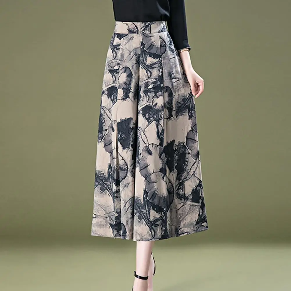 

Women Skirt Pants Retro Print Wide Leg Loose Deep Crotch Fake Skirt Ankle Length Ninth Pants Mid-aged Women Mother Trousers