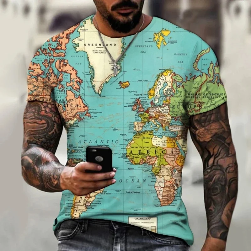 3D Printed World Fashion Map T Shirt Men's Harajuku Pattern Tees Summer Street Loose T-Shirts Short Sleeves Round Neck Tops