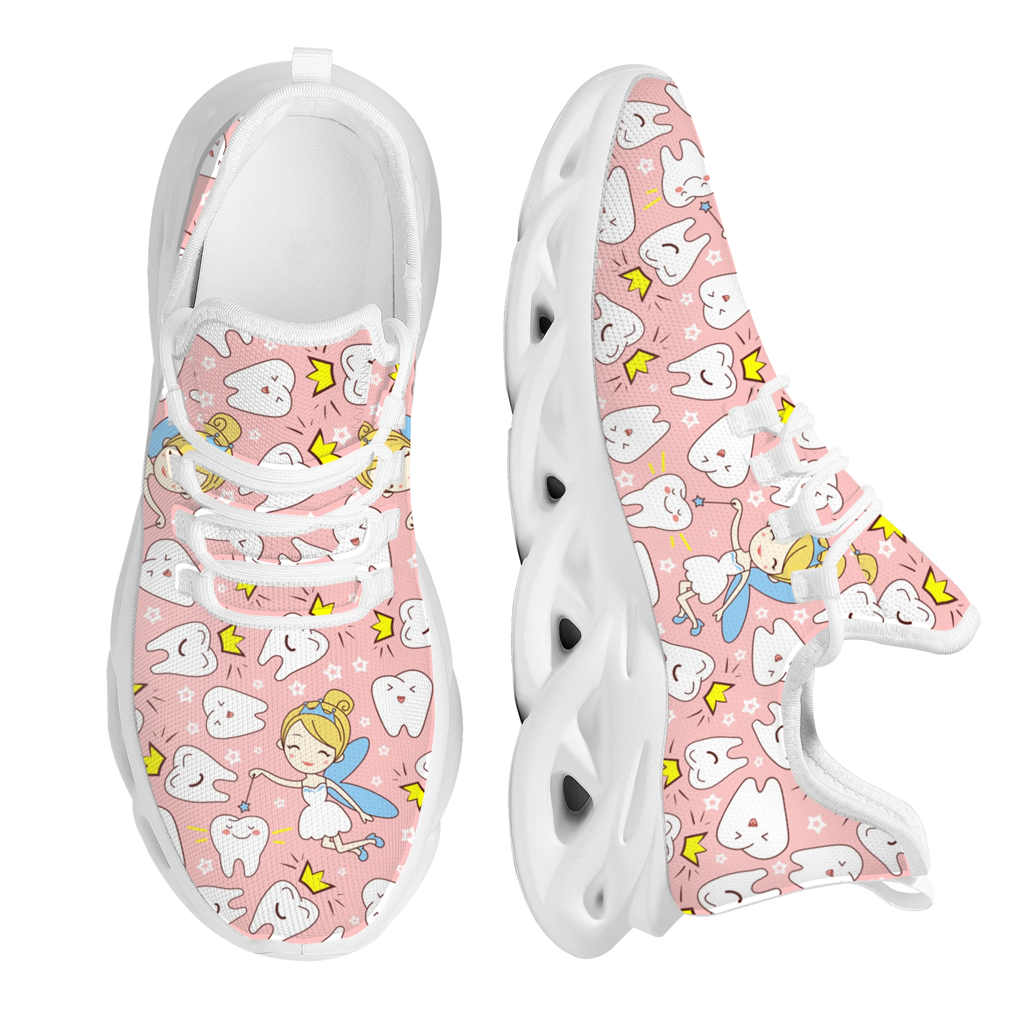 Pink Crown Teeth Angel Print Mesh Flat Shoes Casual Outdoor Street Trend Lace-up Sneakers Light Non-slip Adult Running Shoes