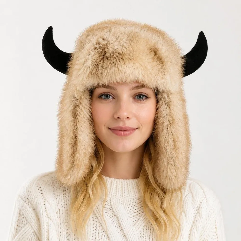 Soft Thick Horn Hat Faux Fur Lined Cow Head Shape Ear Protection Hat with Ear Flaps Keep Warm Winter Ski Hat Winter