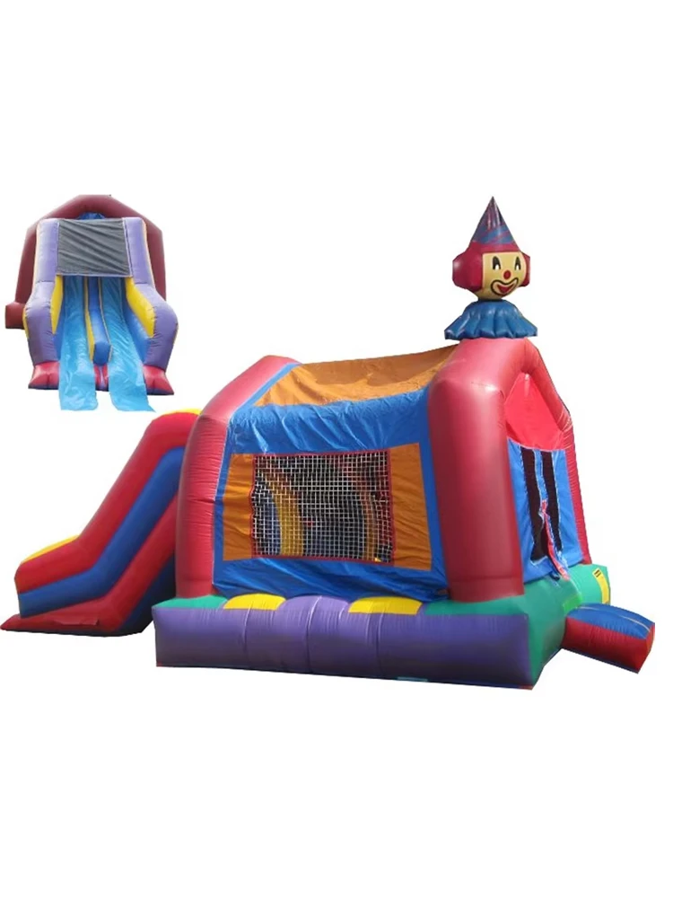 Dwuosobowa dmuchana trampolina z zjeżdżalnią, kombinacja z zamkiem do skakania, dmuchany domek dla dzieci na imprezy plenerowe, wypożyczalnia.