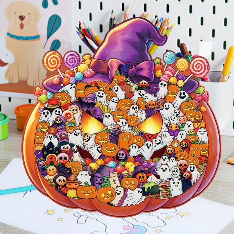 Halloween Pumpkin Shaped Wooden Jigsaw Puzzle Unique Irregular Ghost Candy Pieces DIY Assembly Toy Home Party Decoration Gift