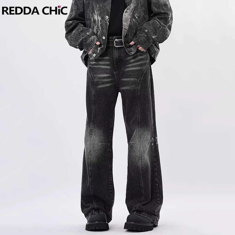 REDDACHIC Punk Rivet Stitch Black Baggy Jeans Men Pintuck Whiskers Vintage Wash Wide Leg Casual Pants Dark Academias Clothes