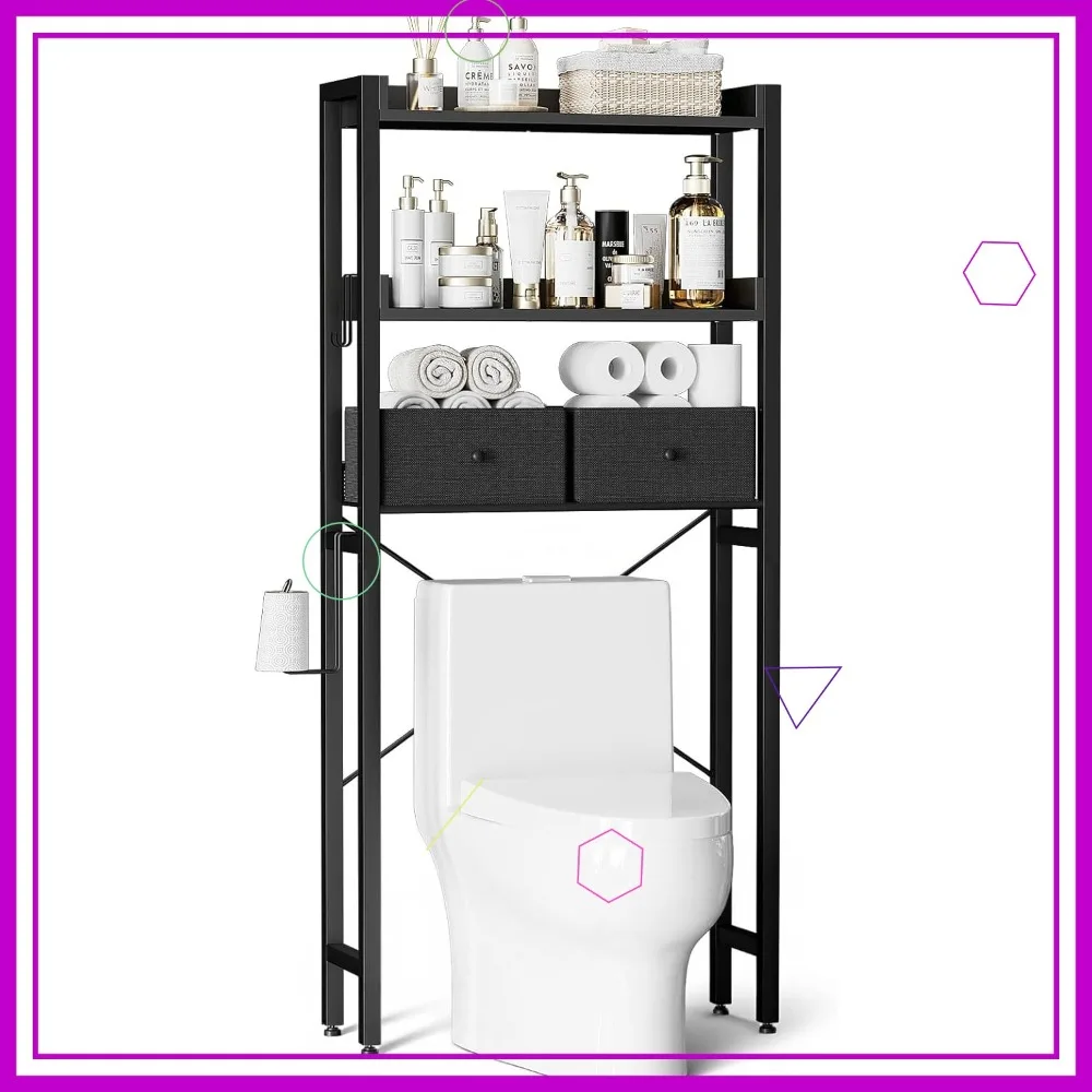 

3-Tier Over Toilet Storage with 2 Drawers, Adjustable Height Shelves & Hooks - Space Saving Bathroom Organizer for Small Homes