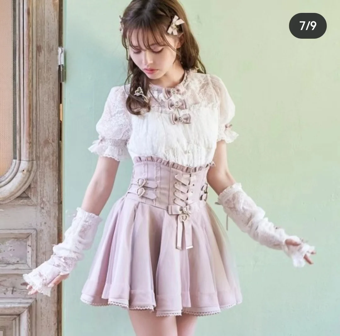 Japanese Mine Series Female Girls High Waist Ribbon Leather Ring Nipped Waist Mesh Skirt Spring Summer Lolita Bow Shirt Outfits