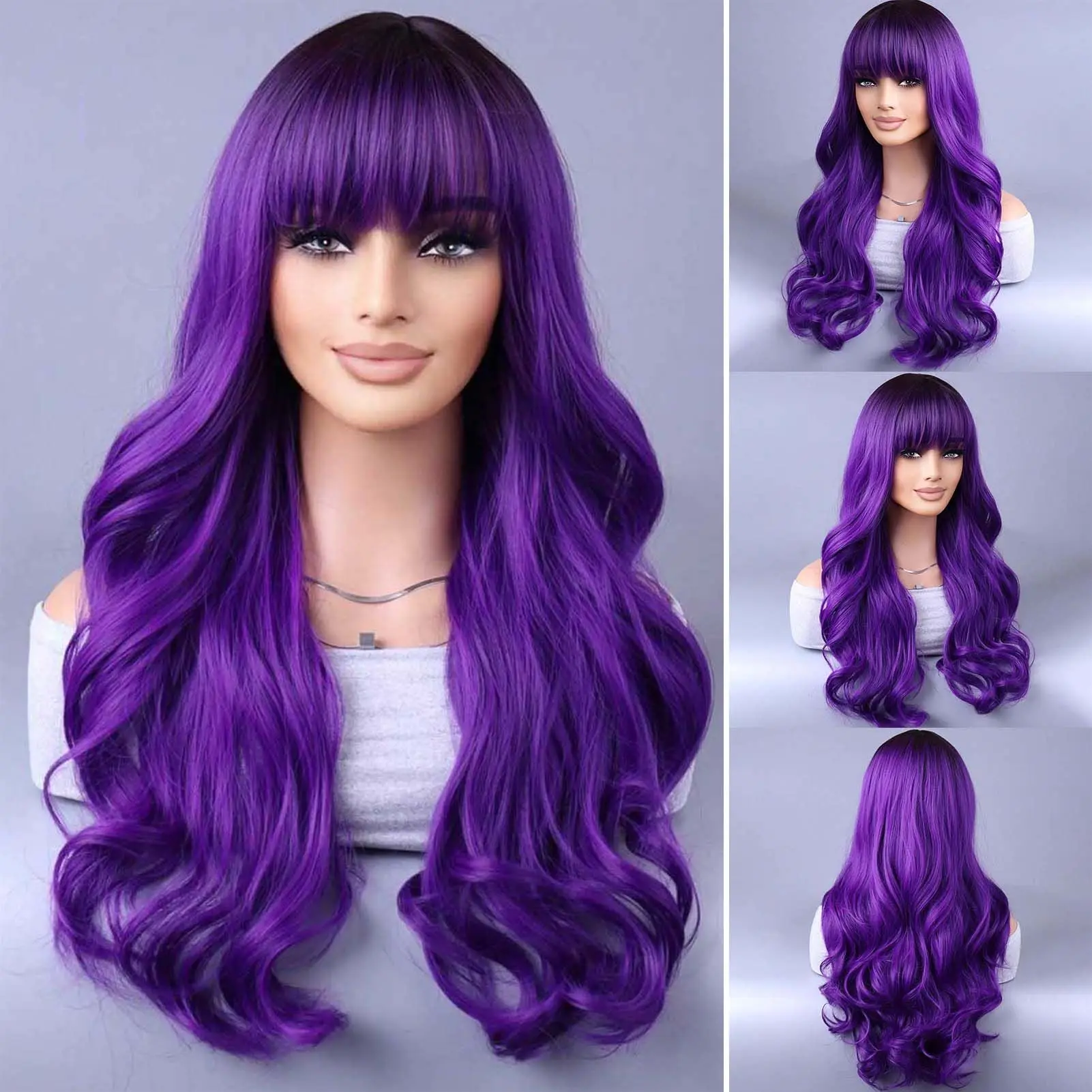 Purple Synthetic Wig with Large Waves for Halloween Cosplay, Role-Playing Party, Daily Costume, Hot Wire Wig Headband