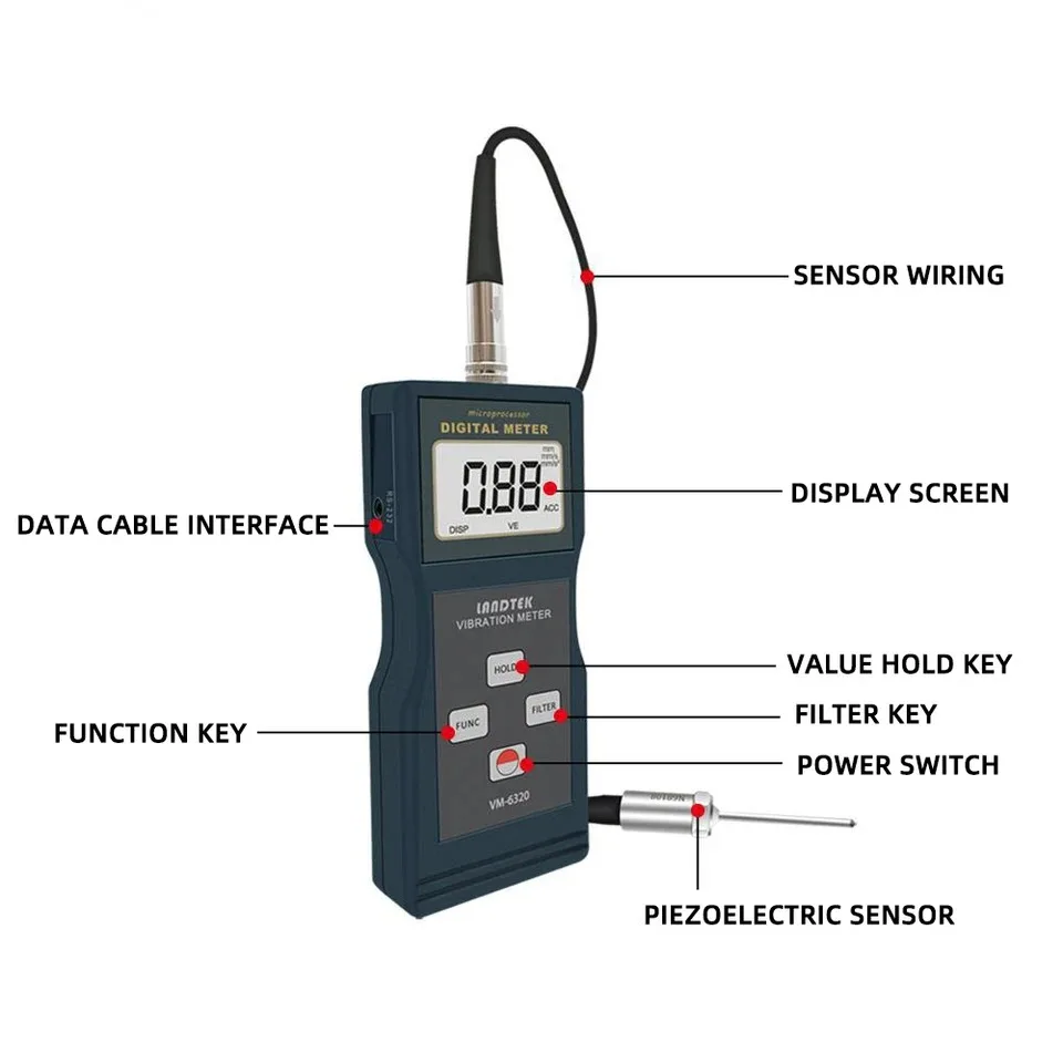 VM-6320 Portable  Meter Mechanical Speed Motor Fault Detection 10Hz to 1KHz Range 0.01mm to 200mm Sensitivity 1 Year Warranty