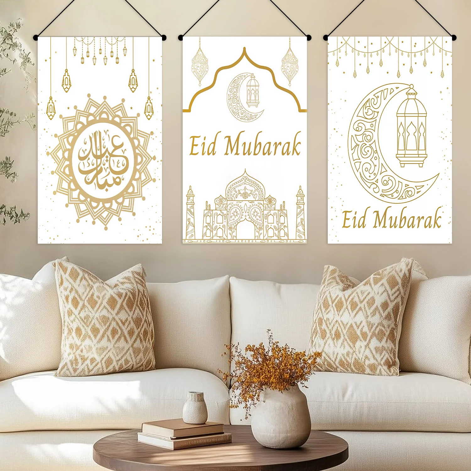 3 قطع من لافتة عيد الفطر الذهبية المعلقة لتزيين الحفلات، ديكور مهرجان العطلات، لافتة نجمة القمر، هدية للأطفال والكبار