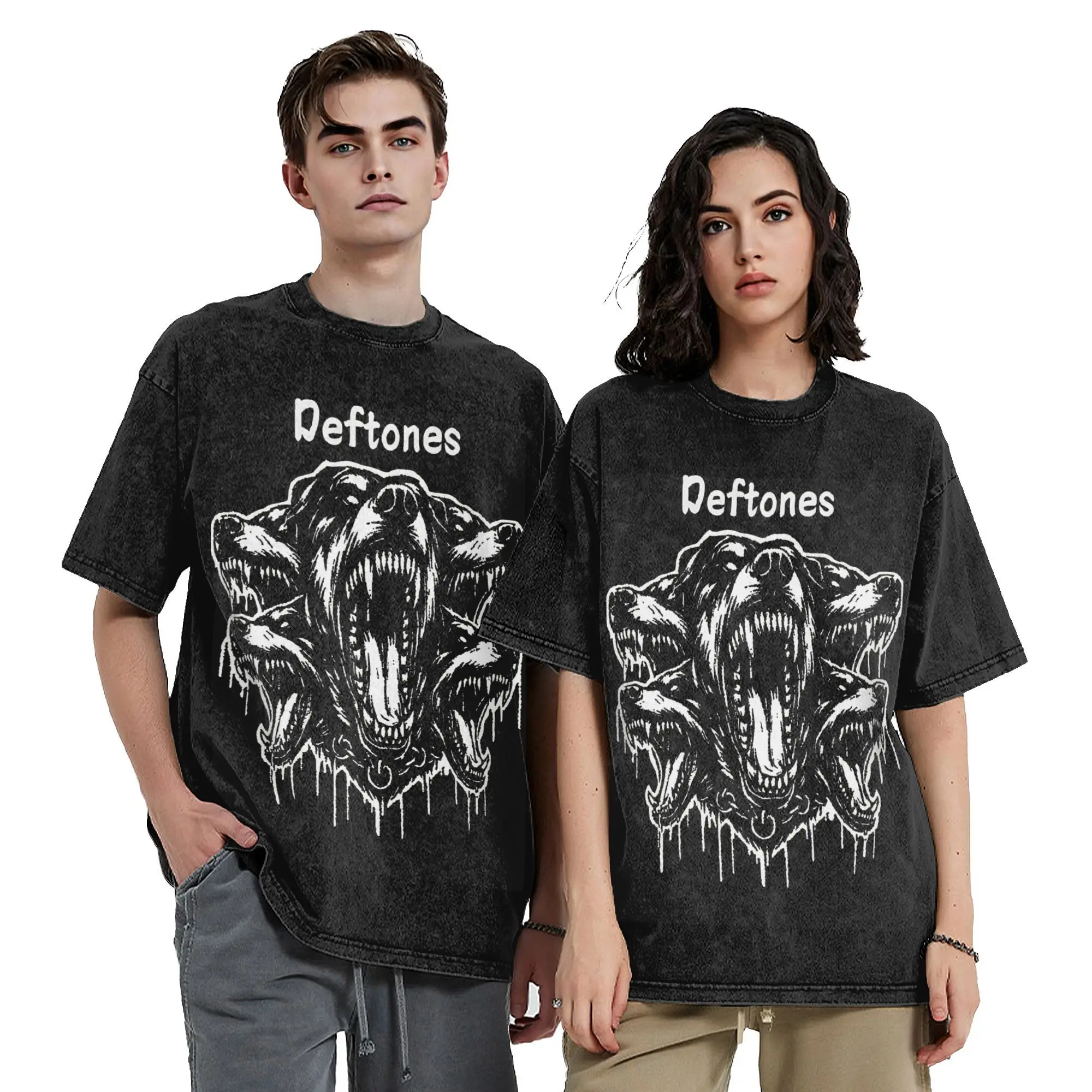 Harajuku Deftones Music Band Cerberus Unleashed Vintage Washed T Shirt Men's Cotton Short Sleeve  O-neck Summer Clothing