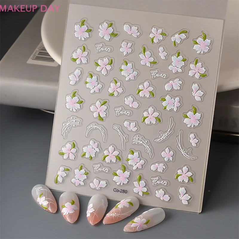 5D Ice Through Kawaii Relief Sakura Nail Art Stickers Flower Self-Adhesive Nail Decorations Decals Accessories