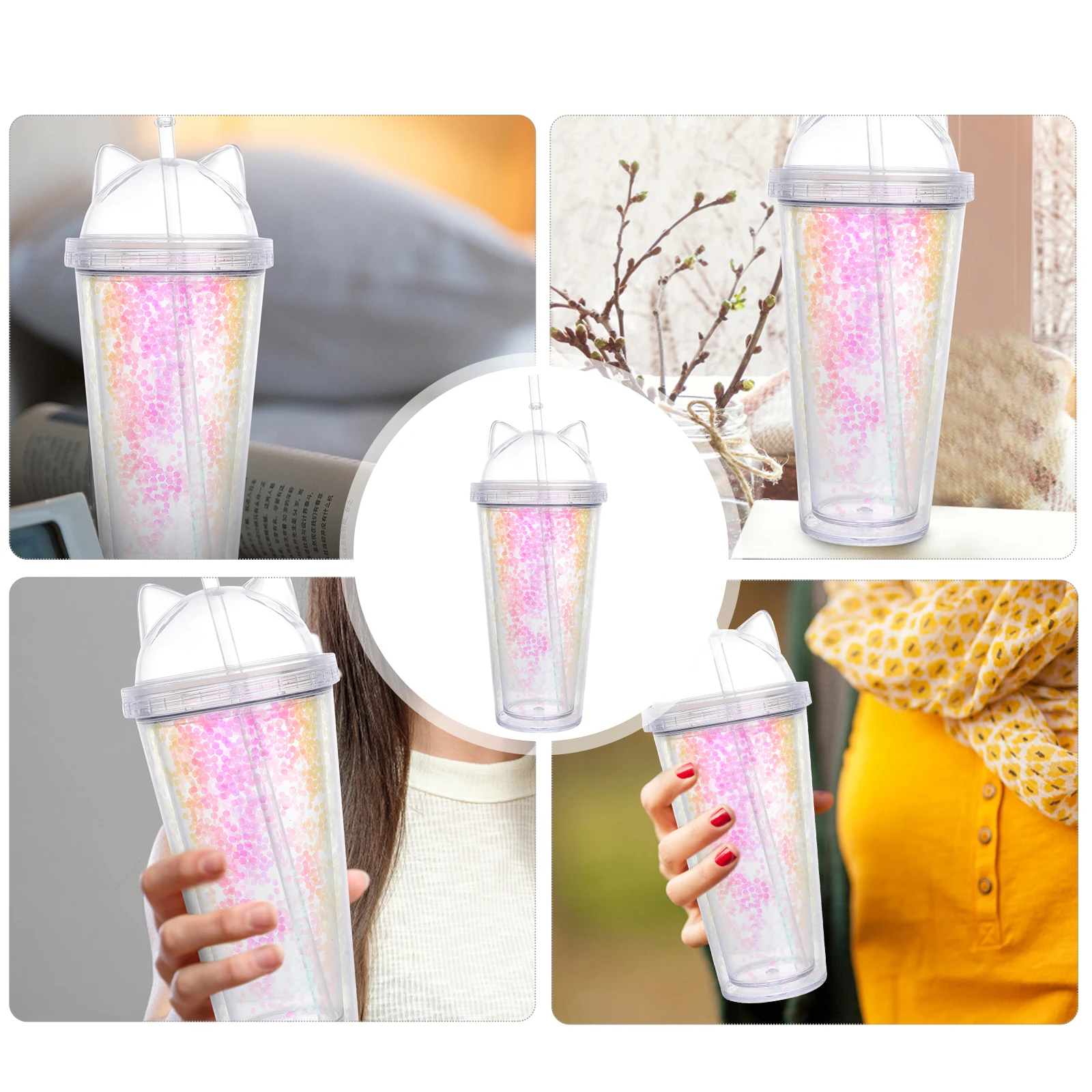 

Cat Ear Double Layer Water Cup Portable Sequin Double Layer Cup Kids Straw Plastic Bottle Home Office School Travel Glassware