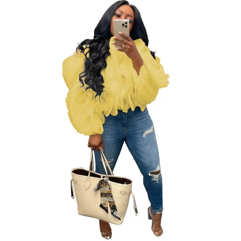 Chamliforve Layered Petal Chiffon Long Sleeve Fashion Short Top Women Clothing Y2k Top T Shirt Women Clothes Tops