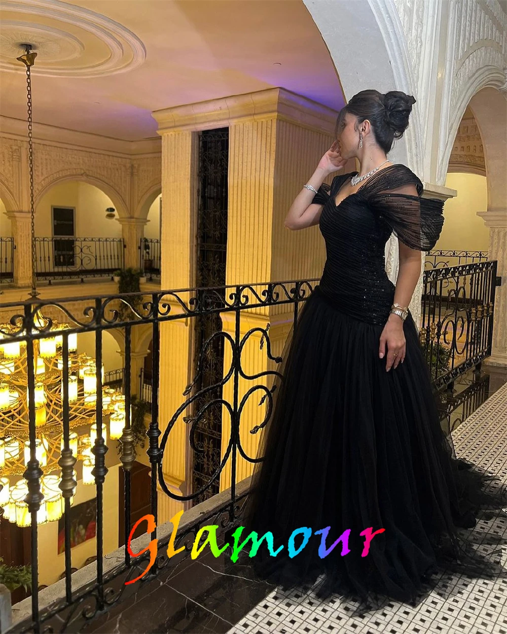 Customized See Through Black Tulle Evening Dress Exquisite Off the Shoulder Homecoming Dress Graceful  Special Occasion Gowns