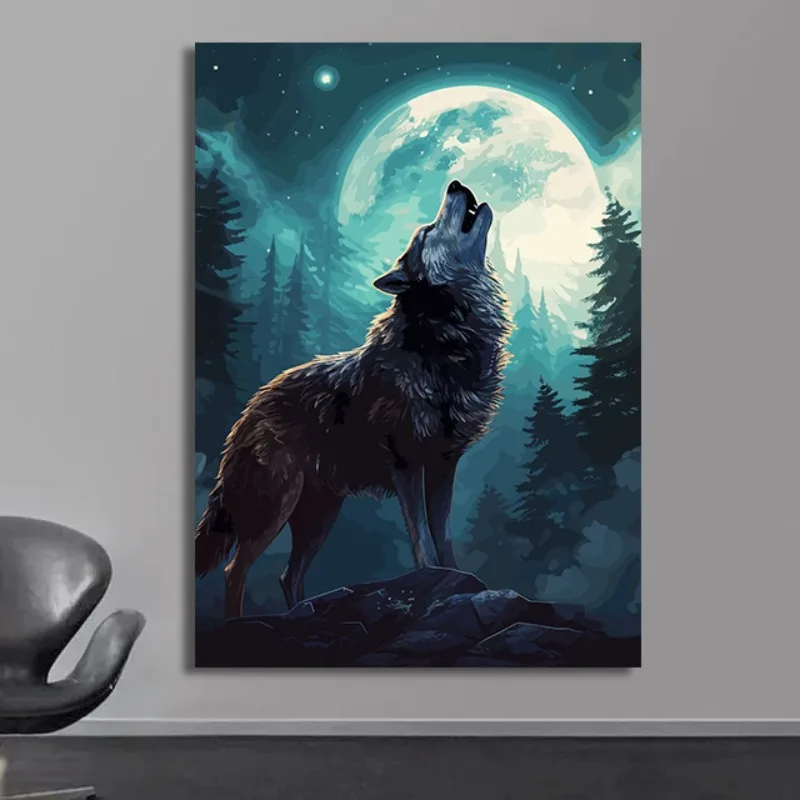 Moon White Wolf Animal Poster Howling Wolf Prints Canvas Painting Wildlife Modern Wall Art Picture for Living Room Home Decor